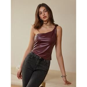 Commense One Twisted Strap Faux Leather Trendy Sleek Top Burgundy Large